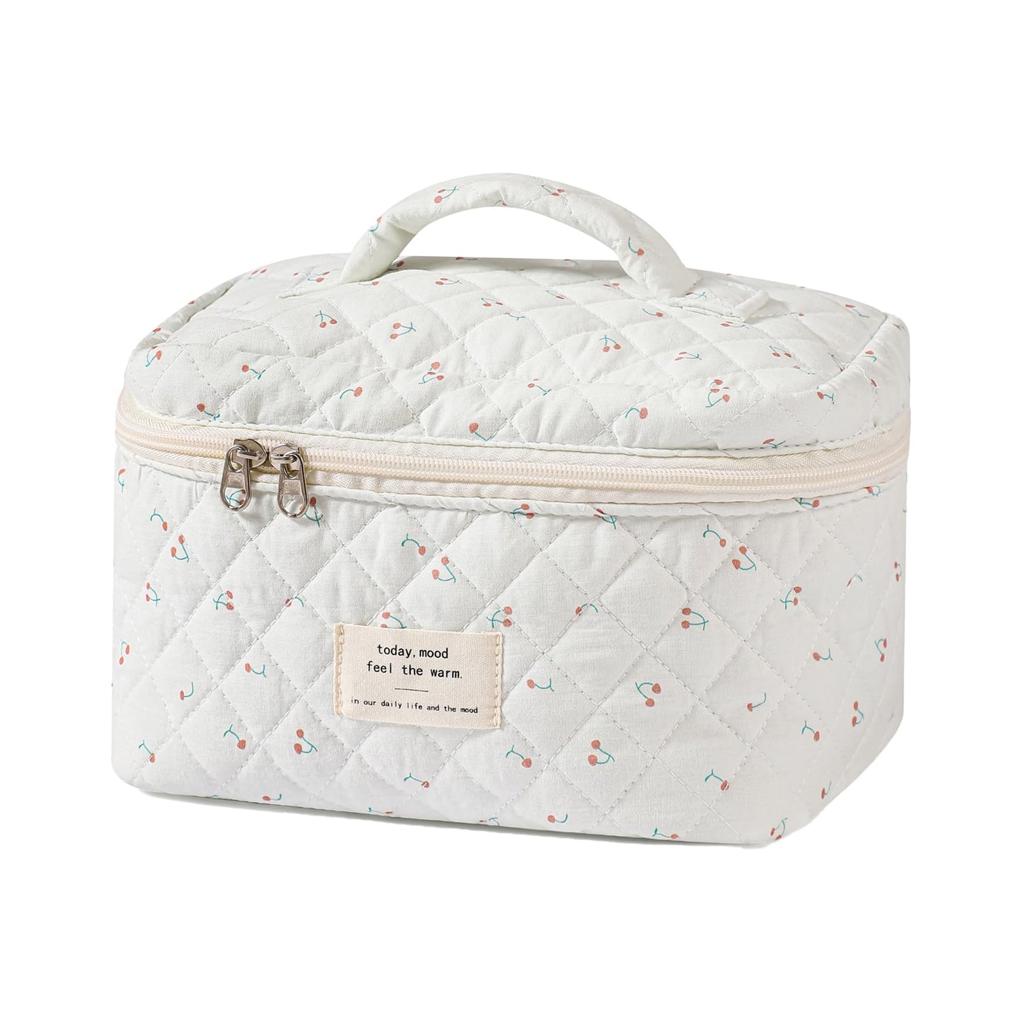 uekeboag Large Travel Quilted Makeup Bag for Women, Floral Cotton Cosmetic Bag, Coquette Aesthetic Floral Toiletry Organizer Bag