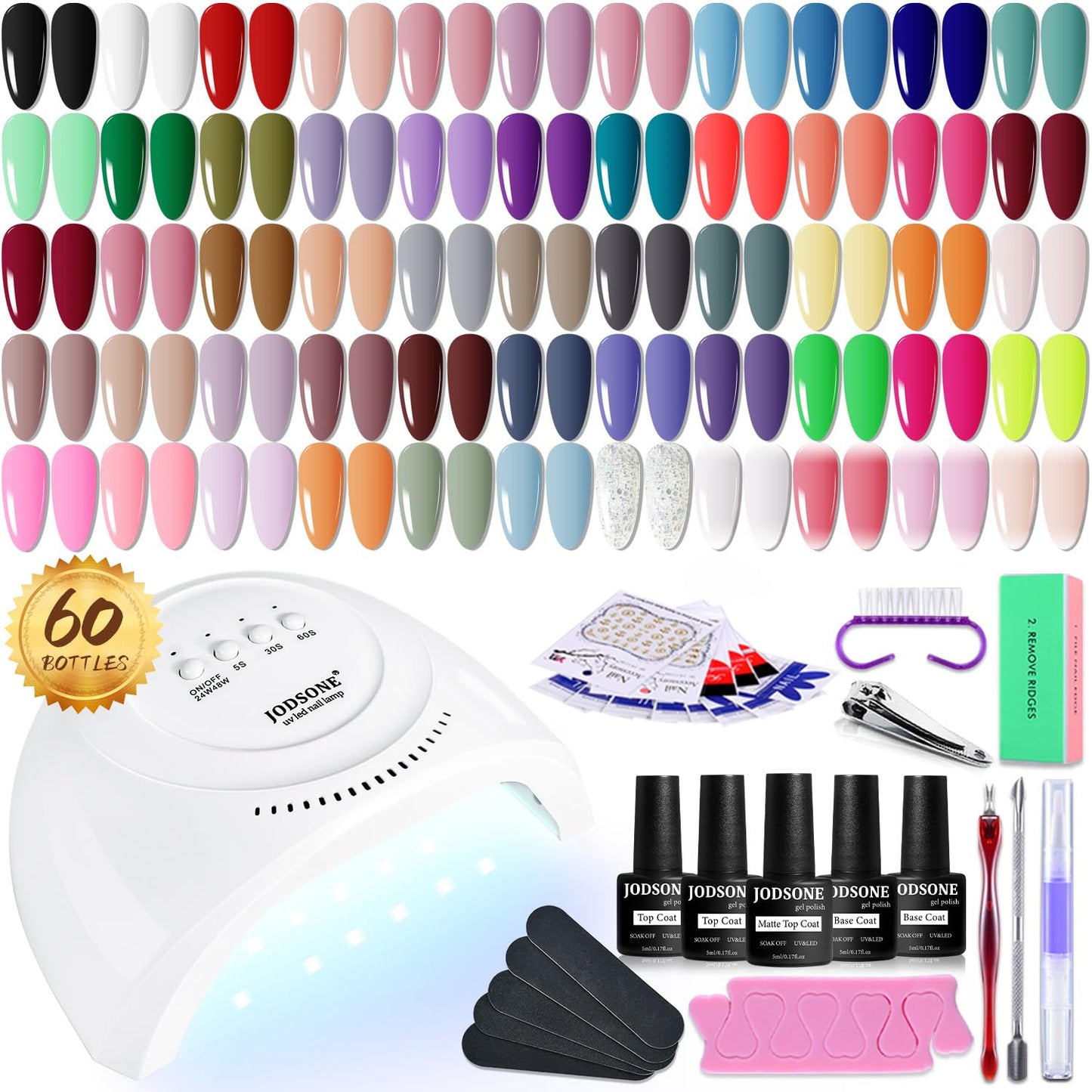 60 PCS Gel Nail Polish Kit | UV Light | Soak-Off Base & Top Coat | For Women