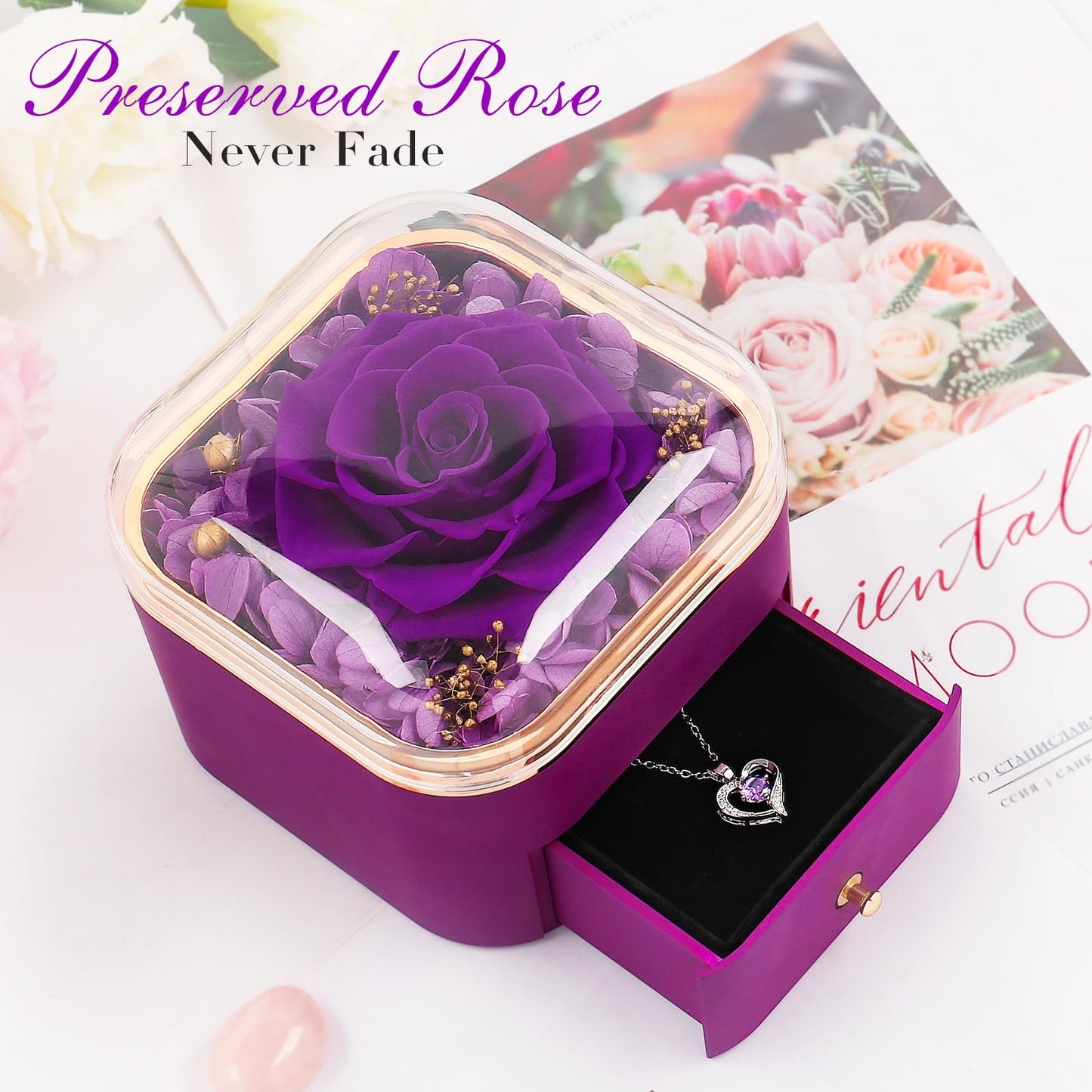 Beferr Valentines Day Gifts for Her Preserved Real Rose with Necklace Eternal Roses Fresh Flowers for Delivery Prime Birthday Anniversary Purple Gifts for Women Mom Wife Daughter Grandma Girlfriend