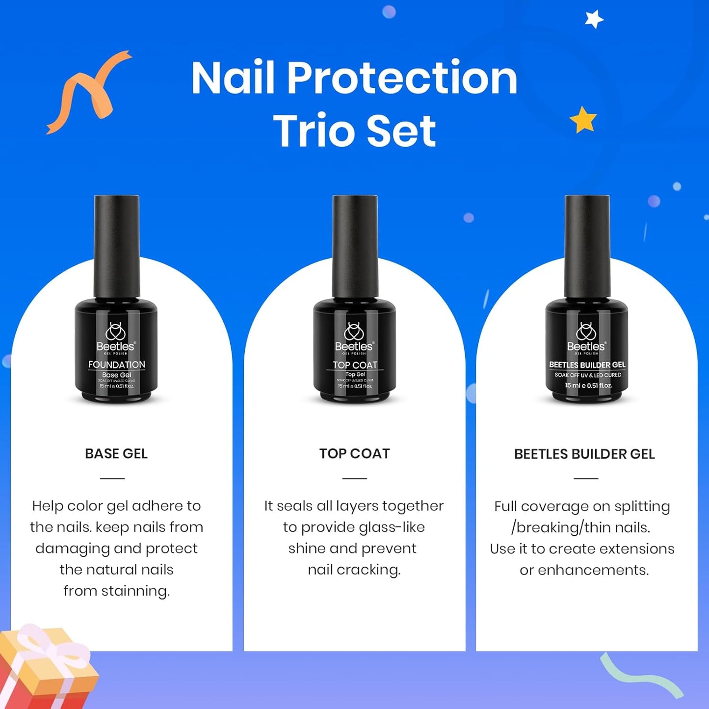 Beetles 4 Pcs Base & Top Coat Gel Kit | Acid-Free Nail Primer Set for Women