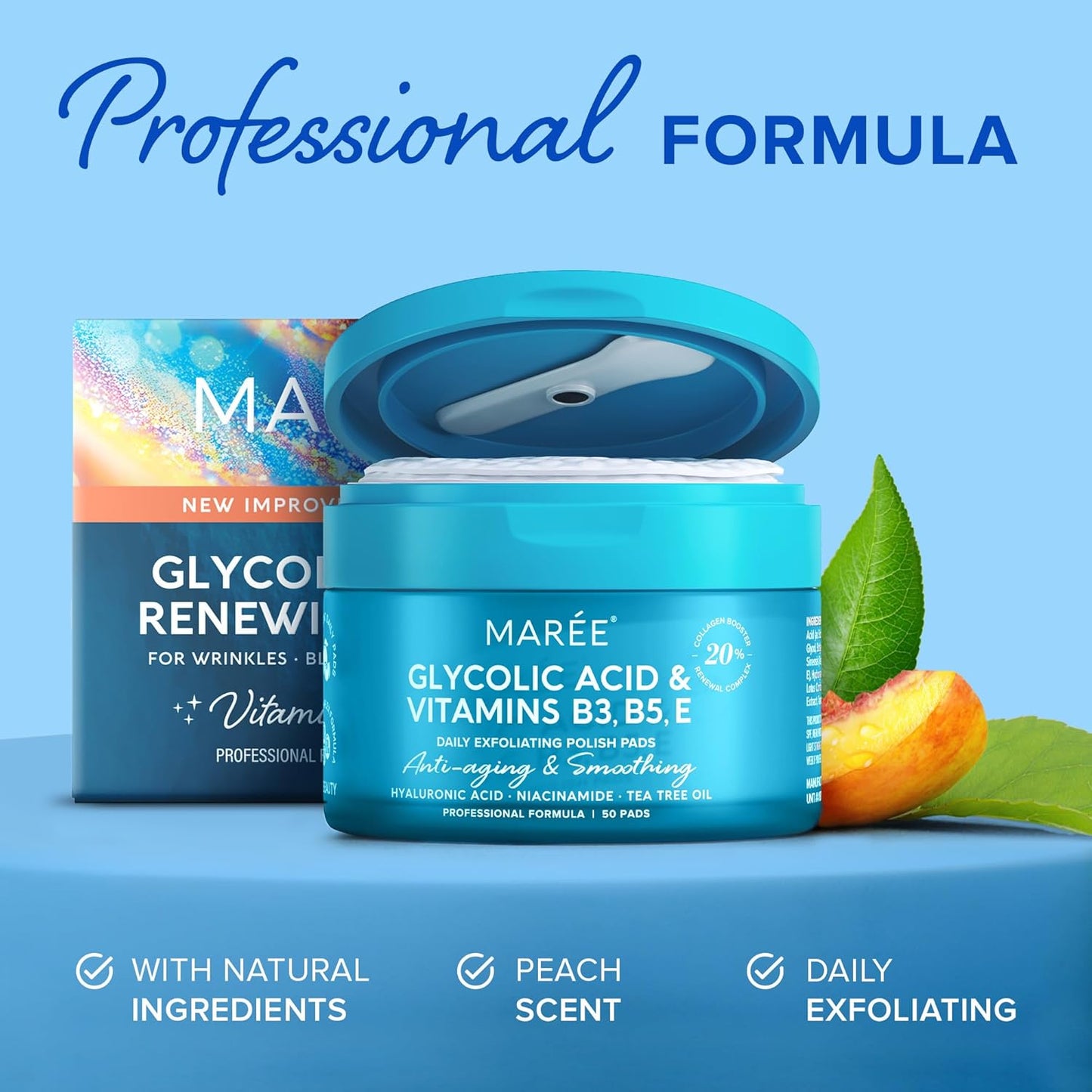 Glycolic Acid Toner Pads | Facial Peel with Tea Tree Oil & Vitamins | 50 Count