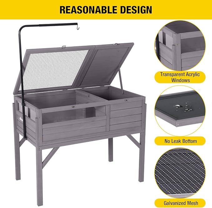 Aivituvin Tortoise Habitat, Wooden Tortoise House with Detachable Legs, Turtle Cage Reptile Terrarium with Lamp Holder