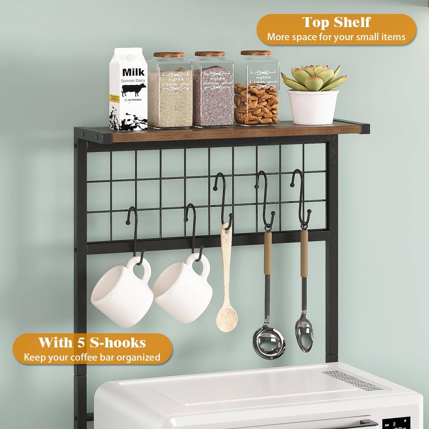 GiftGo Small Coffee Bar Station Narrow Corner Baker Rack Stand with 2 Storage Fabric Drawers 5 S Hooks for Small Spaces Farmhouse Bakers Rack for Kitchen, Entryway, Living Room (Brown, Narrow)
