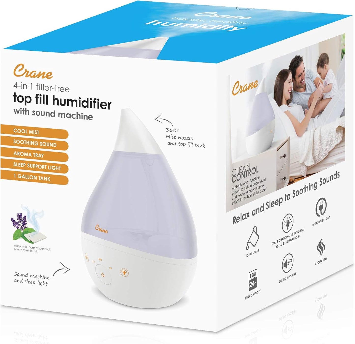 Crane 4-in-1 White Drop Ultrasonic Cool Mist Humidifier with Sound Machine, Night Light, Aroma Tray, 1 Gallon Top Fill White