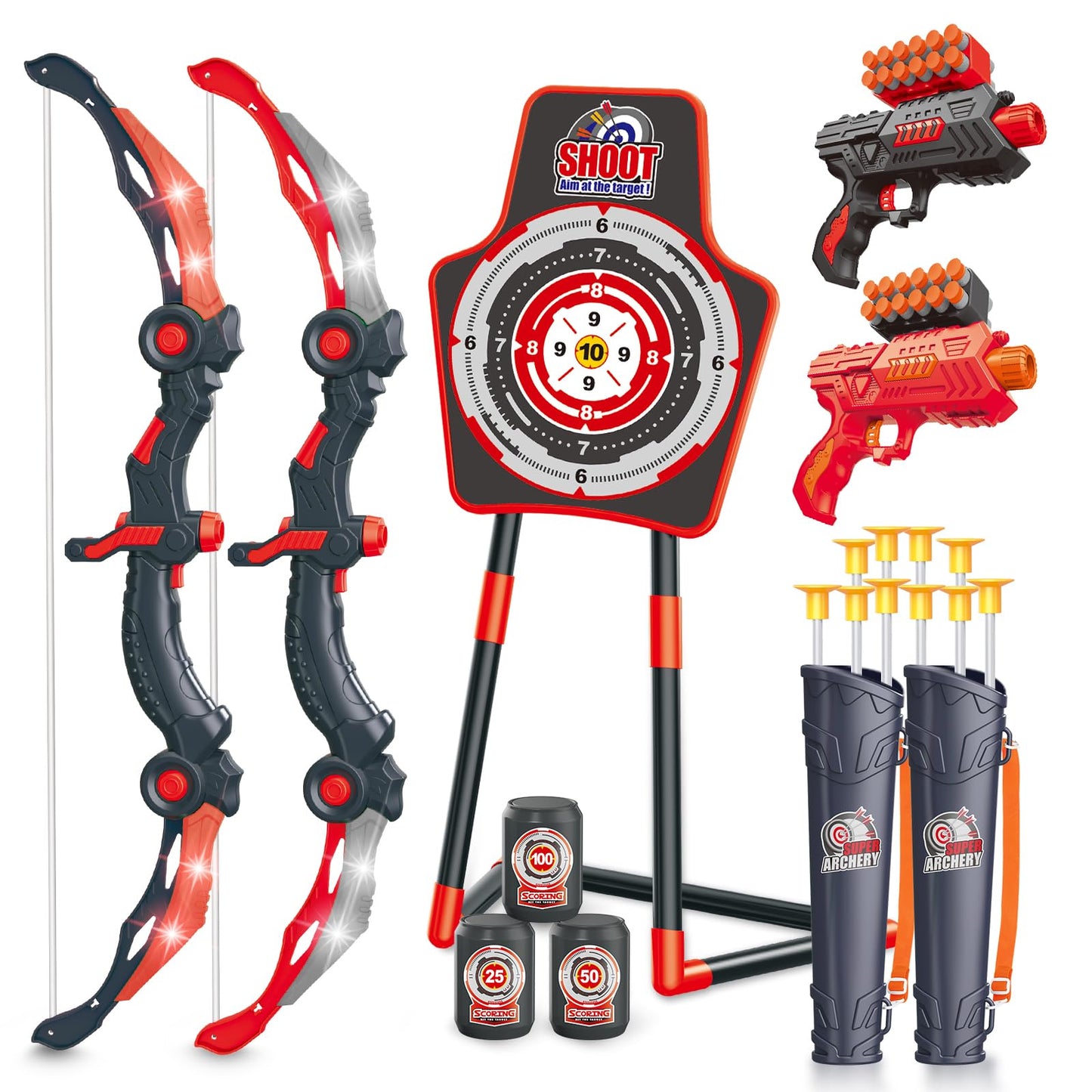 SpringFlower Bow and Arrow Sets with LED Light-up,2 Foam Dart Guns for Kids 5 6 7 8 9 10+ Years Old, Archery Set with Standing Target for Boys & Girl, Ideal for Boys,2 Pack