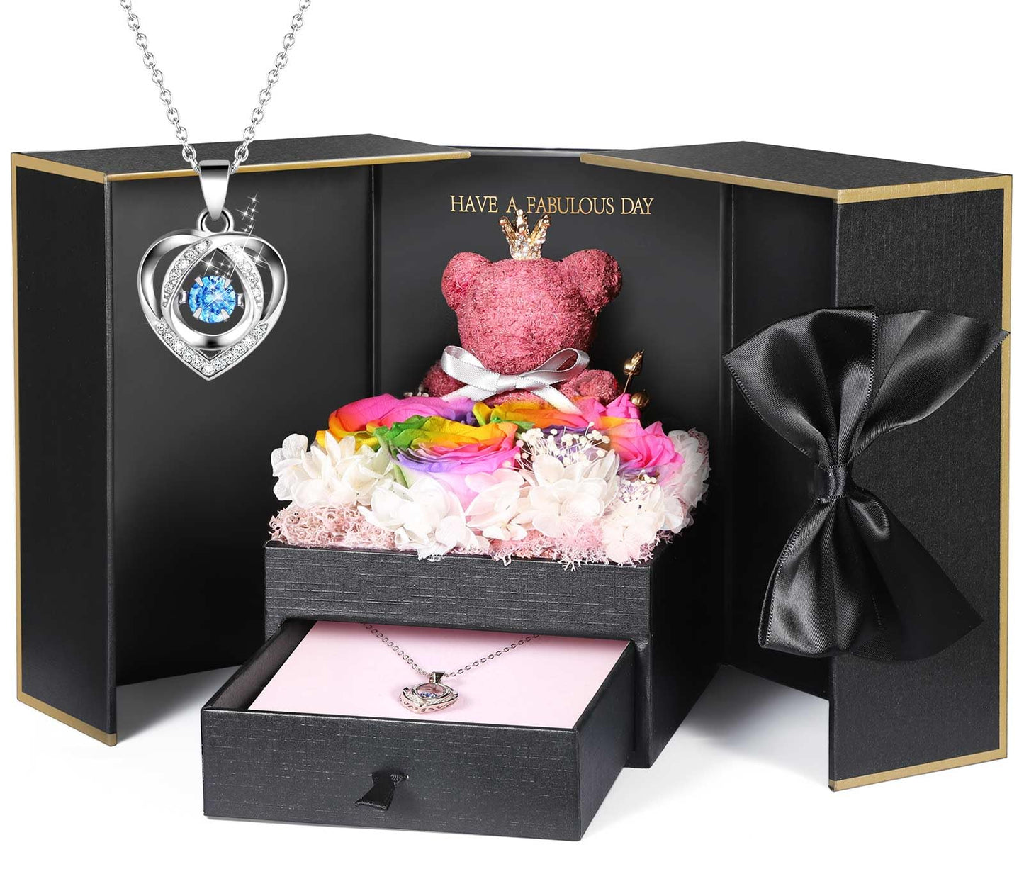 ADDWel Preserved Real Rainbow Rose with Sterling Silver Necklace Gift Set - Romantic Valentines Day Gifts for Wife, Girlfriend - Eternal Flowers Gifts for Anniversary, Birthday