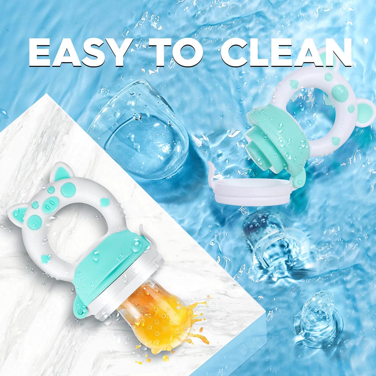 Baby Fruit Food Feeder Pacifier - Fresh Teething Pacifiers, Infant Fruit Teething Teether Toy for 3-24 Months, 6 Pcs Silicone Pouches for Toddlers & Kids & Babies, Piggy Handle 2-Pack (Green & Gray)