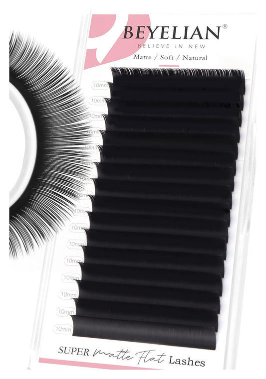 BEYELIAN Ellipse Flat Lash Extension 16 Rows 0.15 C Curl 10mm Single Length Tray Flat Eyelash Extension Matte Black Classic Lash Extensions Professional Supplies