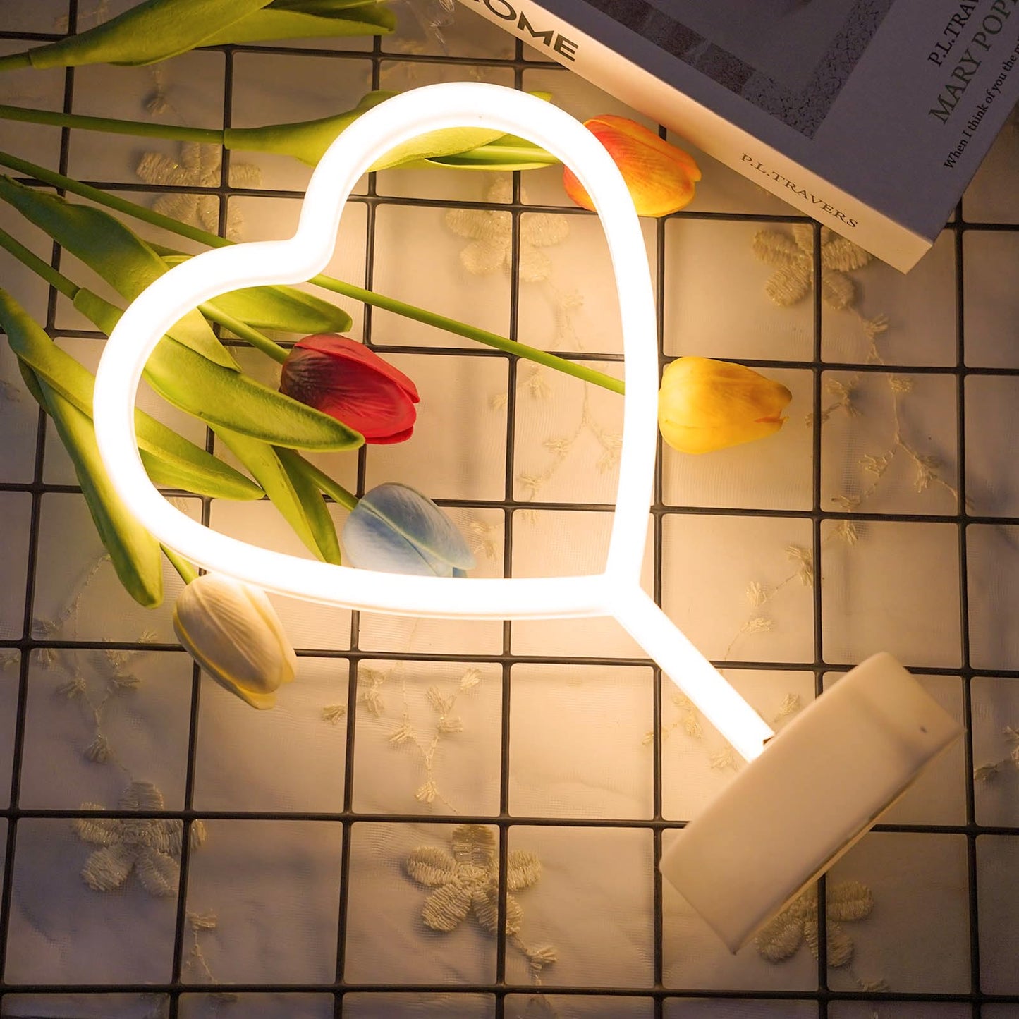 BHCLIGHT Pink Heart Neon Sign, Valentines Day LED Neon Light Battery Operated or USB Powered Valentines Pink Heart Lights, Table Lamp for Galentines Day Decorations, Wedding, Gifts for Women, Lover