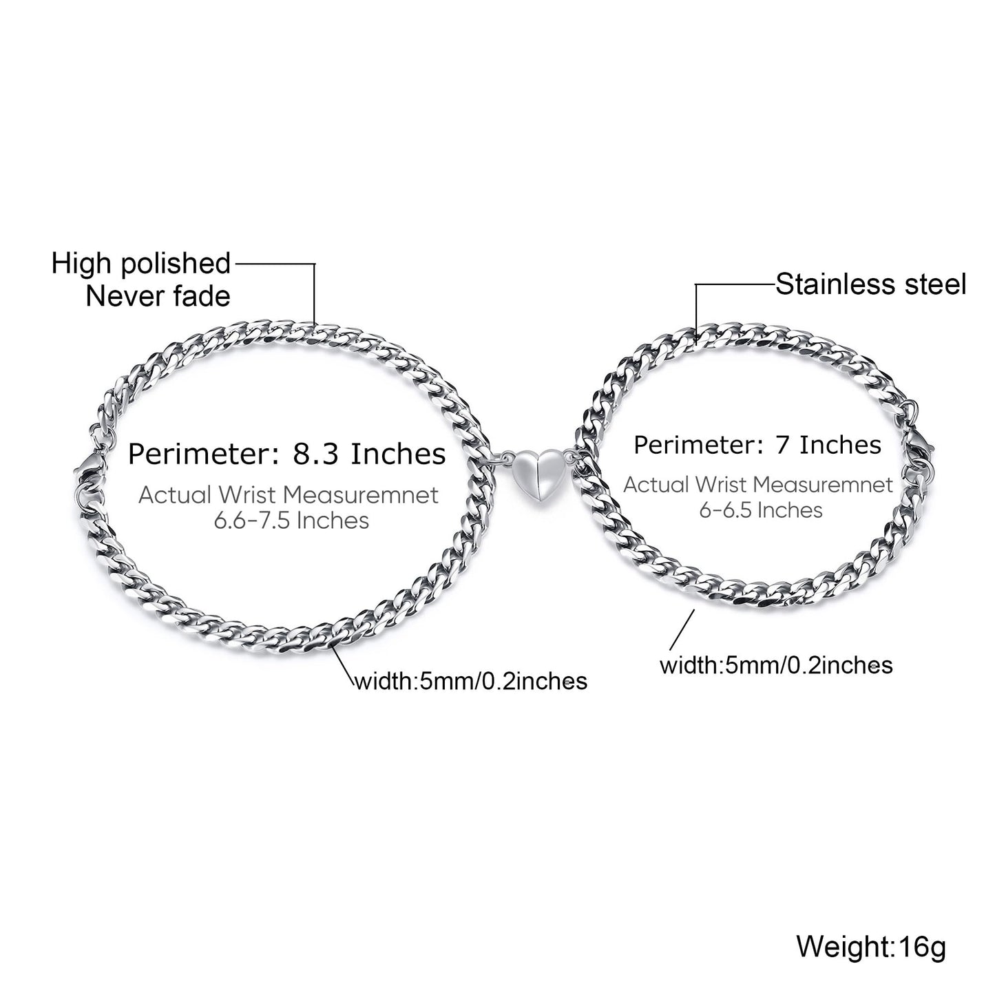 TempBeau 2pcs/Set Couple Bracelet, Relationship Matching Bracelet for Men Women, Stainless Steel Cuban/Figaro Chain BFF Promise Bracelet, Gifts for BF GF Him Her