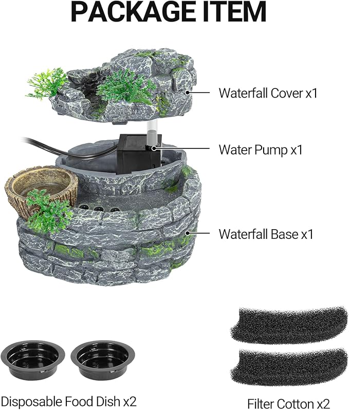 REPTI ZOO Reptile Water Fountain with Food Dish, 550ML Terrarium Waterfall Drinking Fountain for Bearded Dragon Gecko Chameleon Lizard Tree Frog Turtle, Reptile Water Dispenser, Keep Water Clear