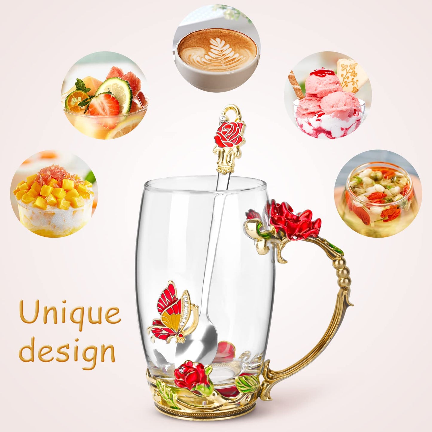 OEAGO Gifts for Women Mom Mothers Tea Cup Best Birthday Butterfly Rose Gifts for Her from Daughter Son Glass Coffee Christmas Enamels Mug Lead-Free with Spoon Set