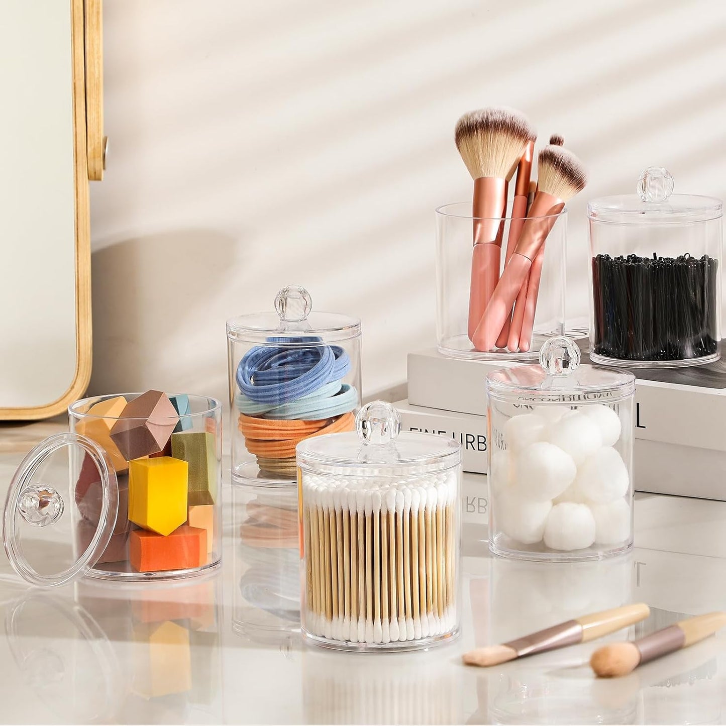AOZITA 6 Pack Acrylic Qtip Holder Dispenser for Cotton,Swab, Ball, Round Pads, Floss Picks - Clear Plastic Apothecary Jar Set, Bathroom Canister Storage Organization, Vanity Makeup Organizer