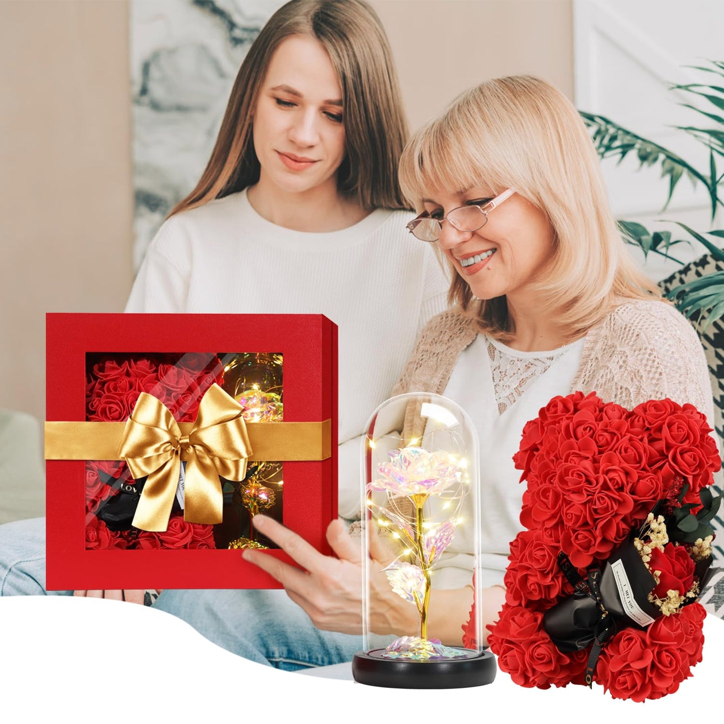 Valentines Day Gifts for Her Rose Bear for Women, Artificial Rose Teddy Bear Birthday Bouquet, Mother's Day Rose Gift, Perfect for Wife, Mom, Grandma (Rose Red)