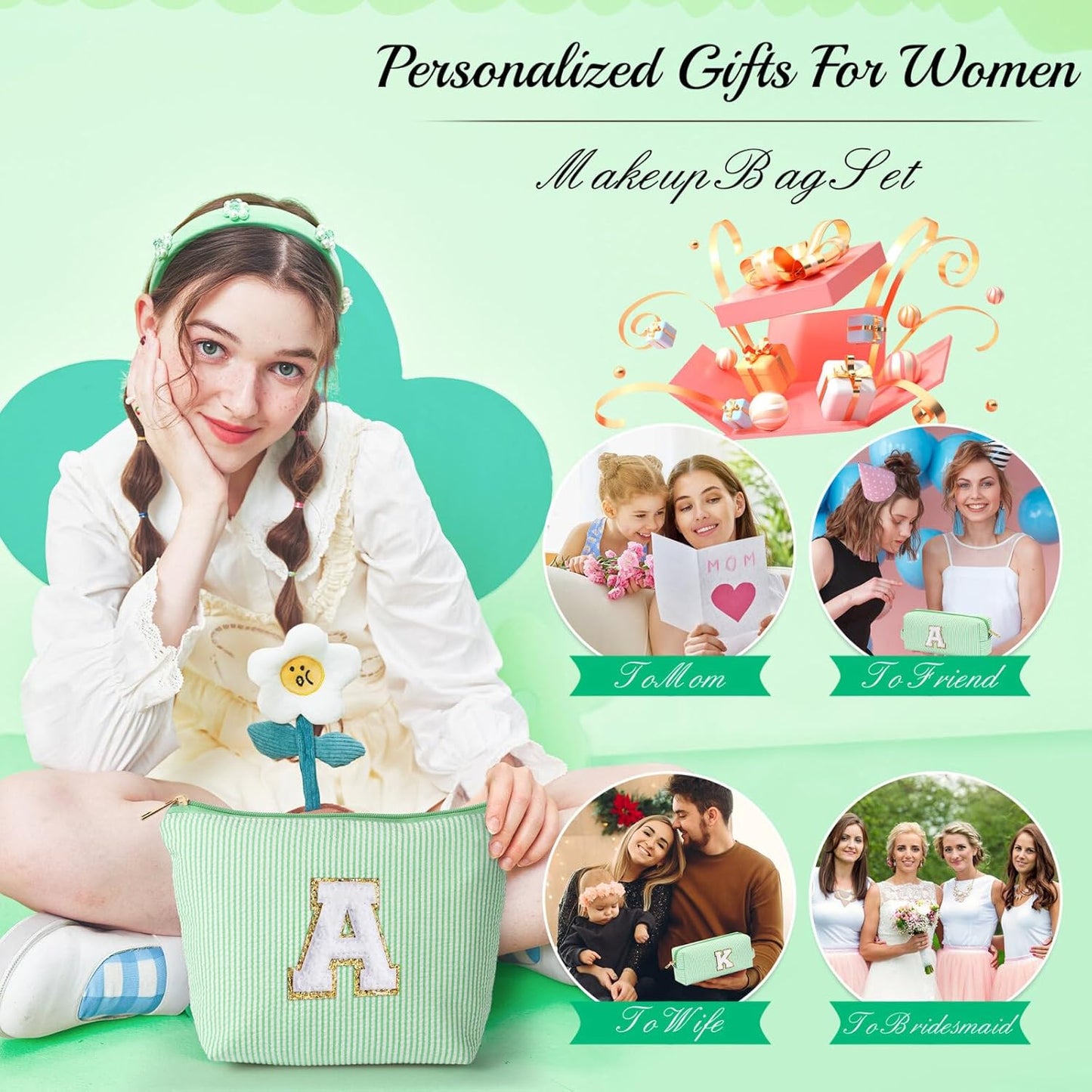 YOOLIFE Initial Makeup Bag for Women - Teen Girl Gifts Trendy Stuff Monogram Cute Makeup Bags Make Up Case for Women Her Best Friend Friendship Sister Teacher, Personalized Birthday Gifts I