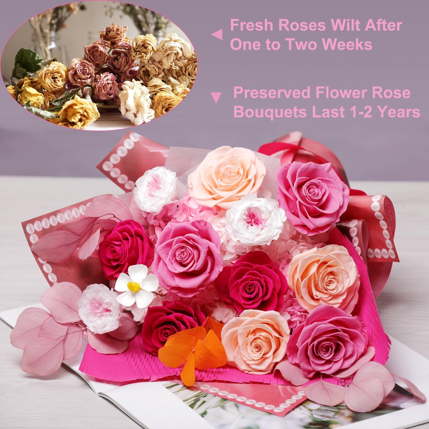 lovenfold Flowers for Delivery,Preserved Flowers Bouquets,Purple Rose Bouquets That Last 1-3 Years,Birthday Flowers Gifts for Women Mom Grandma Wife Friends