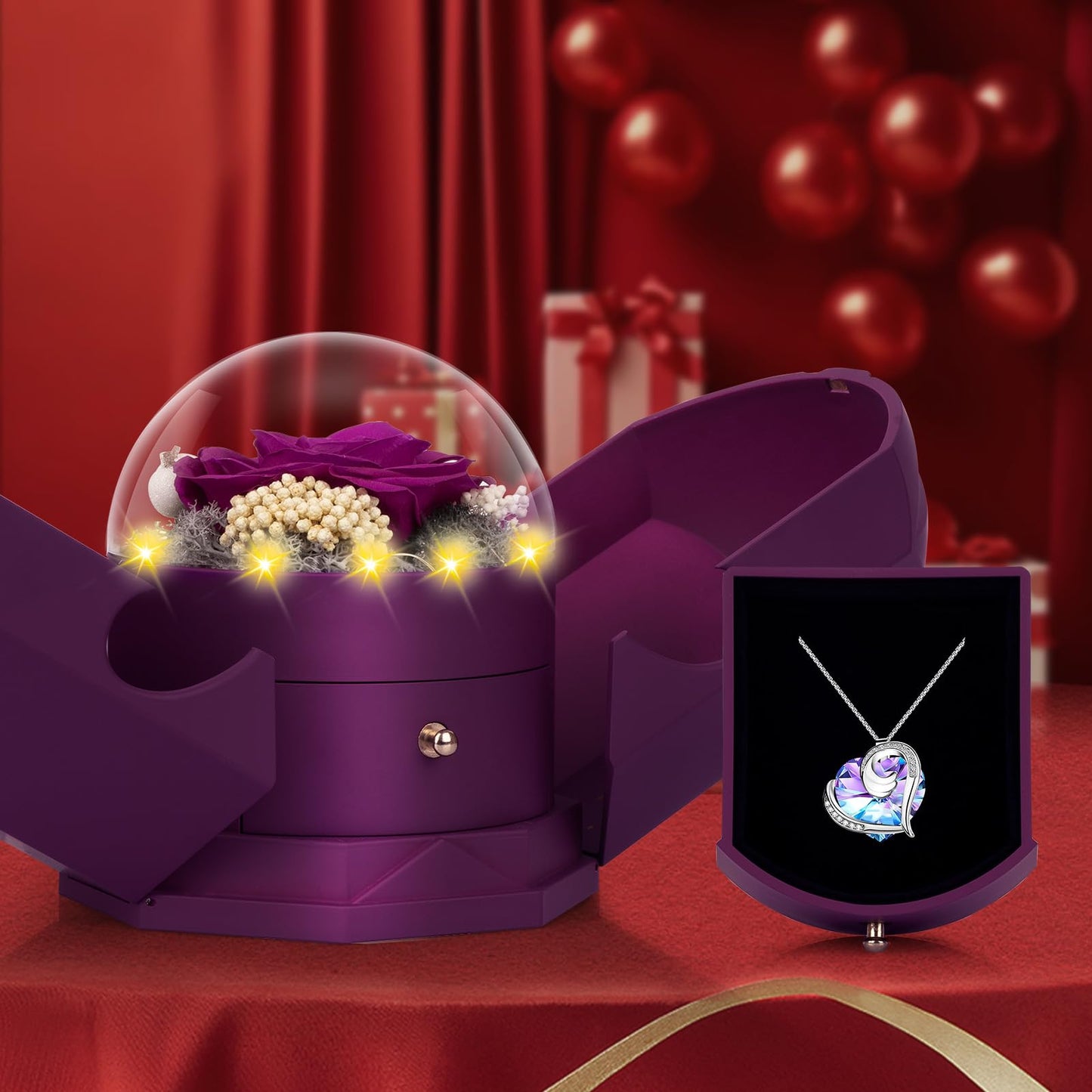 Preserved Real Purple Rose with Necklace Forever Flowers Rose Valentines Day Gifts for Her Wife Girlfriend Women Mom Grandma on Valentines Mothers Day Sweetest Day Christmas Anniversary Romantic-Purple