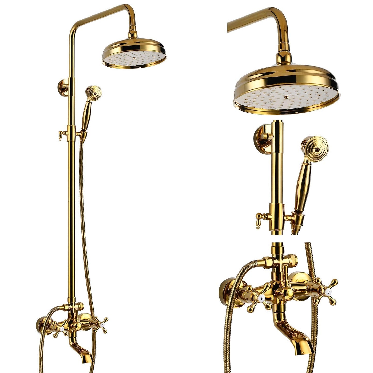 gotonovo Bathroom Shower Faucet Rain Mixer 8 Inch Round Shower Head Double Cross Handle with Tub Spout Wall Mount Bathroom Shower Fixtures 3 Function Metal Handheld Sprayer Polished Gold