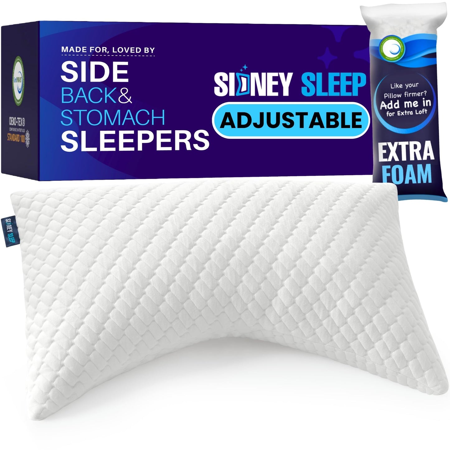 Sidney Sleep Mini Travel Size Neck Pillow - Knee, Back Lumbar and Support - Small Curved Pillow - 14 x 19 Inches - Adjustable Loft - Washable - Drawstring Backpack Included (Mini - Grey)