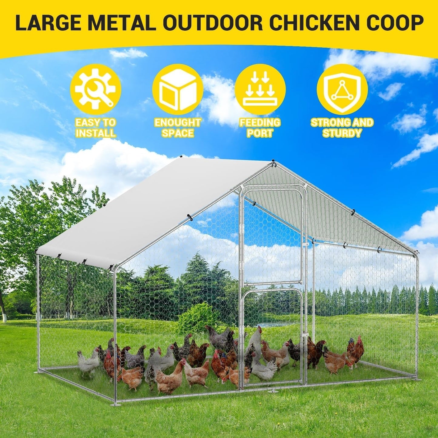 Danolapsi Large Metal Chicken Coop Run for Waterproof and Anti-UV Roof Cover,Outdoor Walk-in Cage Peak Hen House for Yard Farm