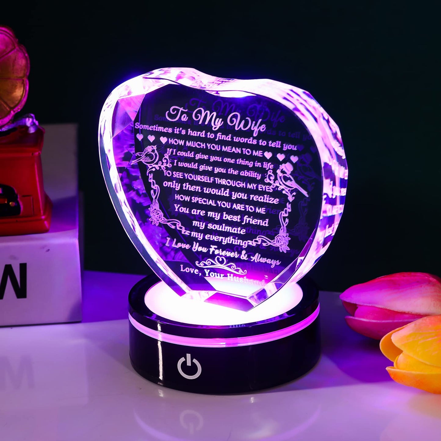 YWHL Gifts for Wife with Colorful LED Base Romantic Wedding Anniversary I Love You Gifts for Her Best Wife Birthday Gift Ideas to My Wife Crystal Keepsakes Presents from Husband