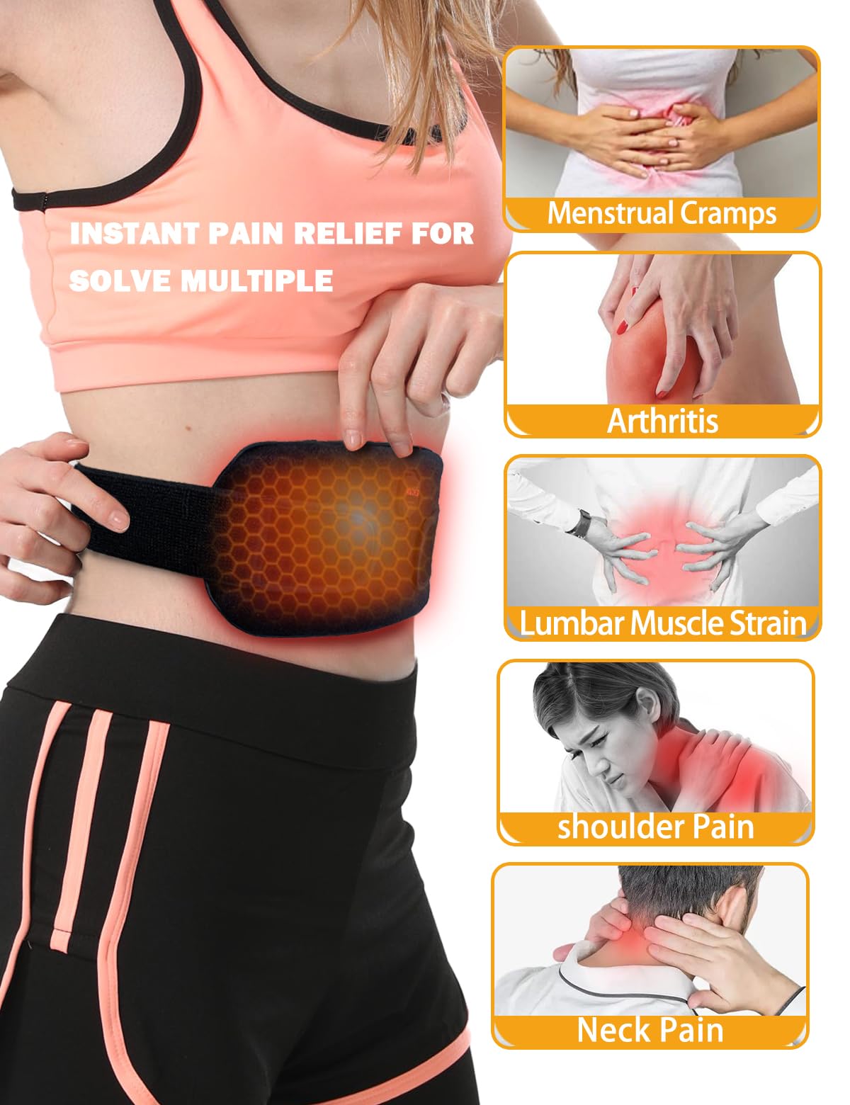 Portable Electric Heating Pad Cordless Period Heating Pad for Menstrual Cramps Pain Relief Back Cordless Period Small Rechargeable Wearable Battery Powered Lower Black Battery