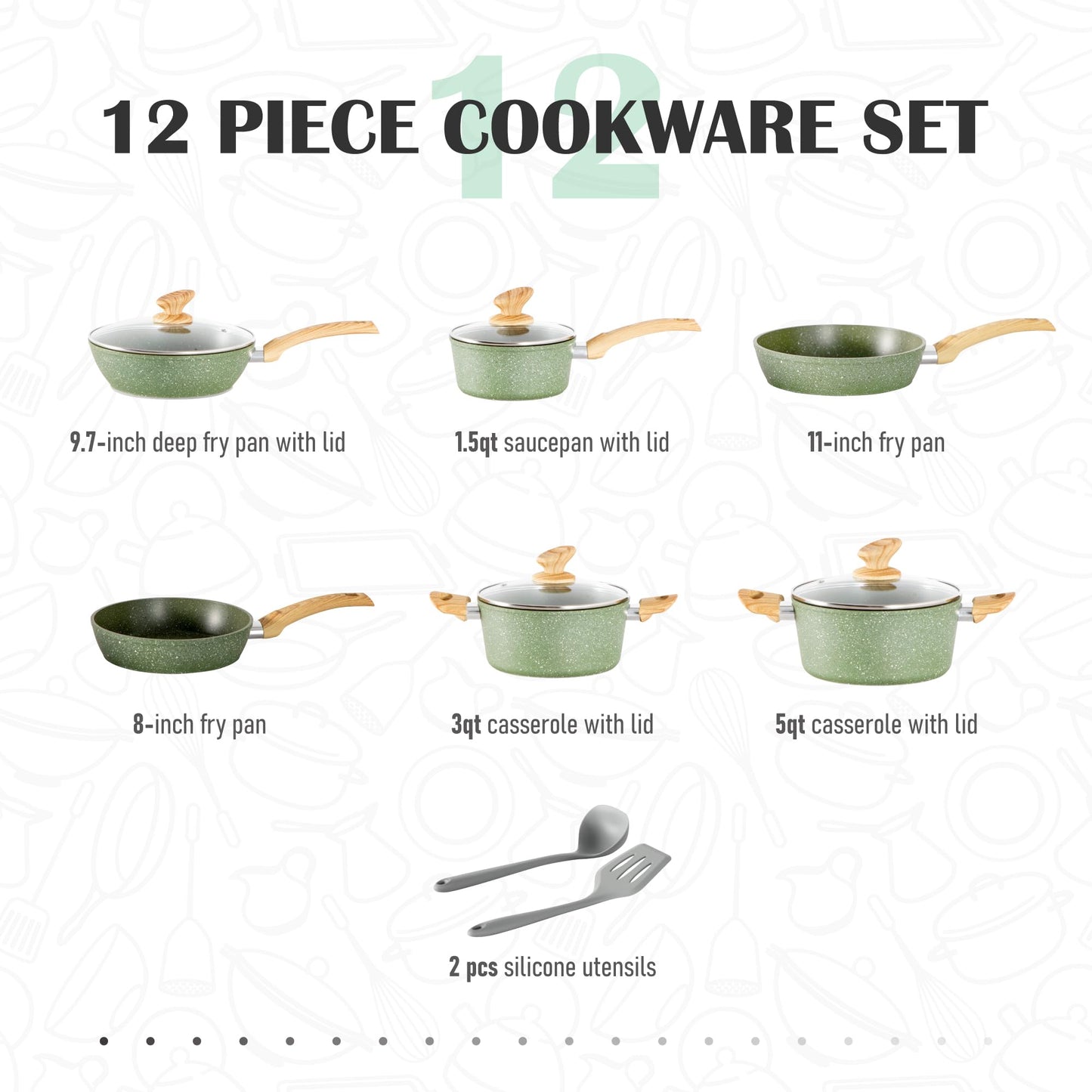 MAISON ARTS Pots and Pans Set Non Stick, 12 Piece Green Granite Kitchen Cookware Induction Compatible, Pot and Pan Sets for Cooking Nonstick