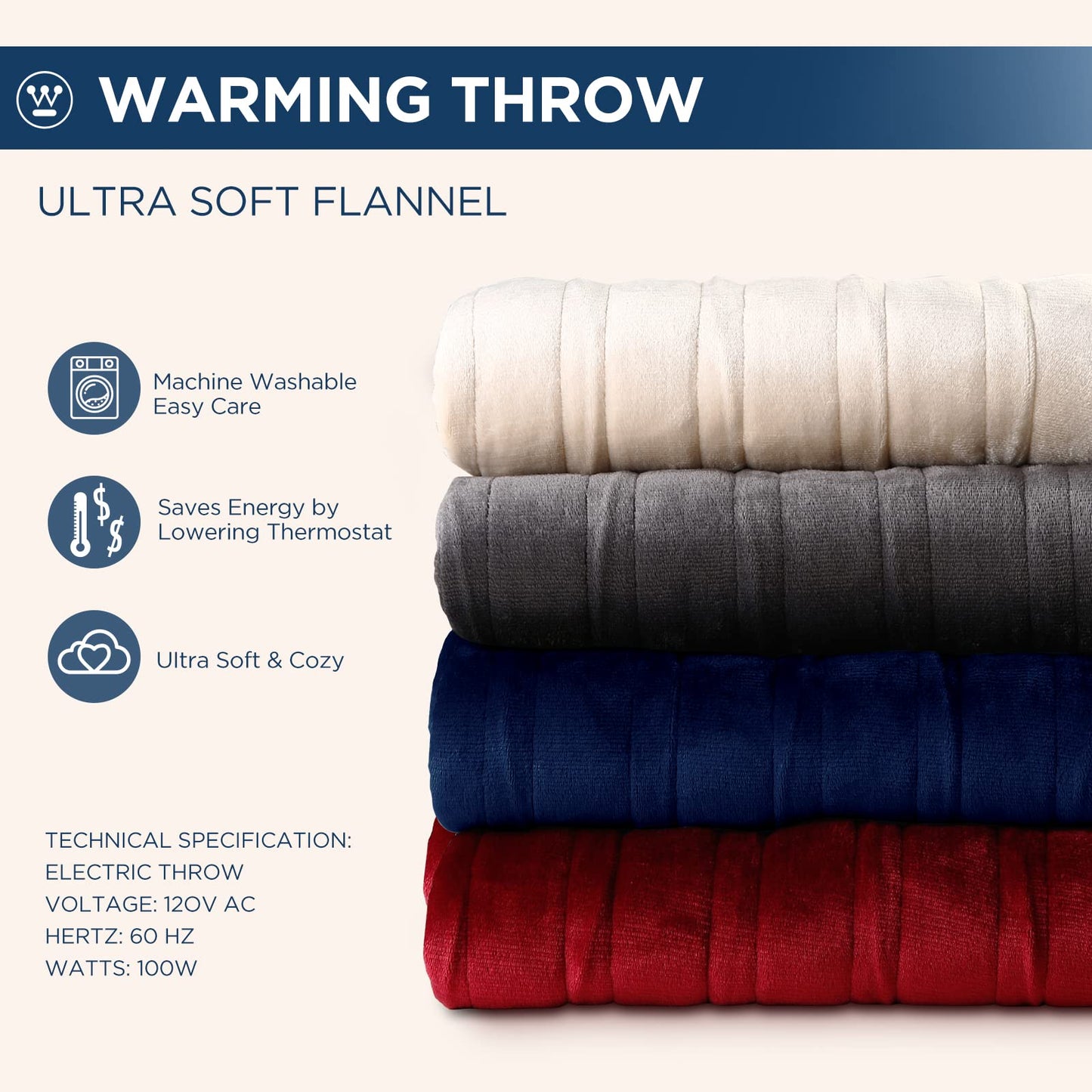 Westinghouse Electric Blanket Heated Throw, Super Cozy Soft Flannel 50"" x 60"" Heated Throw with 6 Fast Heating Levels & 2-10 Auto-Off, Machine Washable, ETL&FCC Certification, Navy Blue