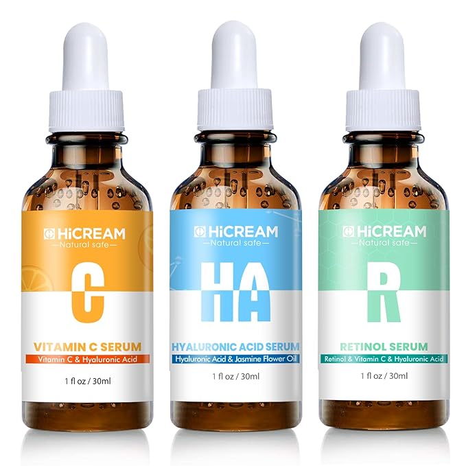 Face Serum Set 3-Pcs Set, Includes Vitamin C, Hyaluronic Acid & Retinol - Skin Care Set for Brightening, Firming, Hydrating - Facial Skin Care Set for Fine Lines, Dark Spot Corrector