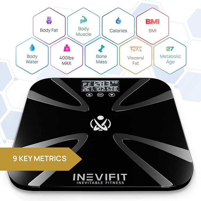 INEVIFIT Body Fat Scale, Highly Accurate Digital Bathroom Body Composition Analyzer, Measures Weight, Body Fat, Water, Muscle, BMI, Visceral Levels & Bone Mass for 10 Users. Includes Batteries.