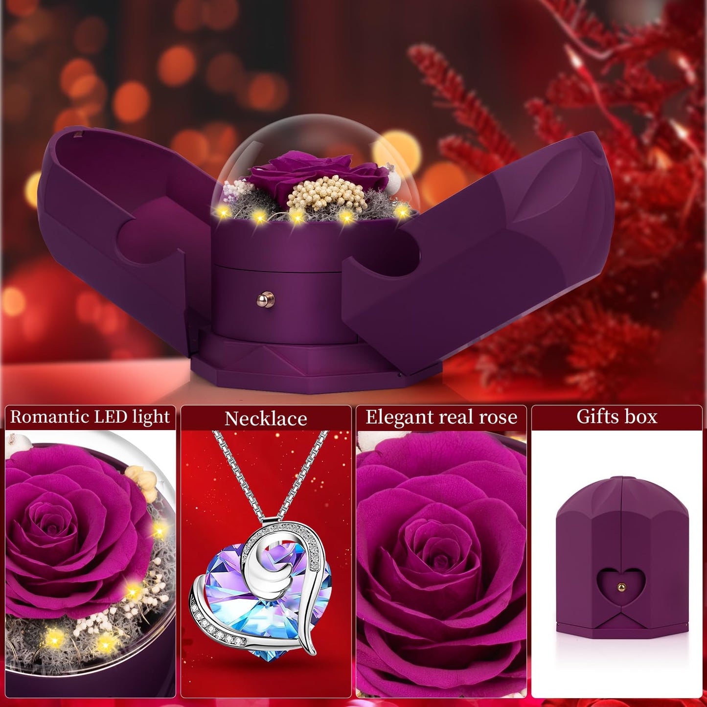 Preserved Real Purple Rose with Necklace Forever Flowers Rose Valentines Day Gifts for Her Wife Girlfriend Women Mom Grandma on Valentines Mothers Day Sweetest Day Christmas Anniversary Romantic-Purple