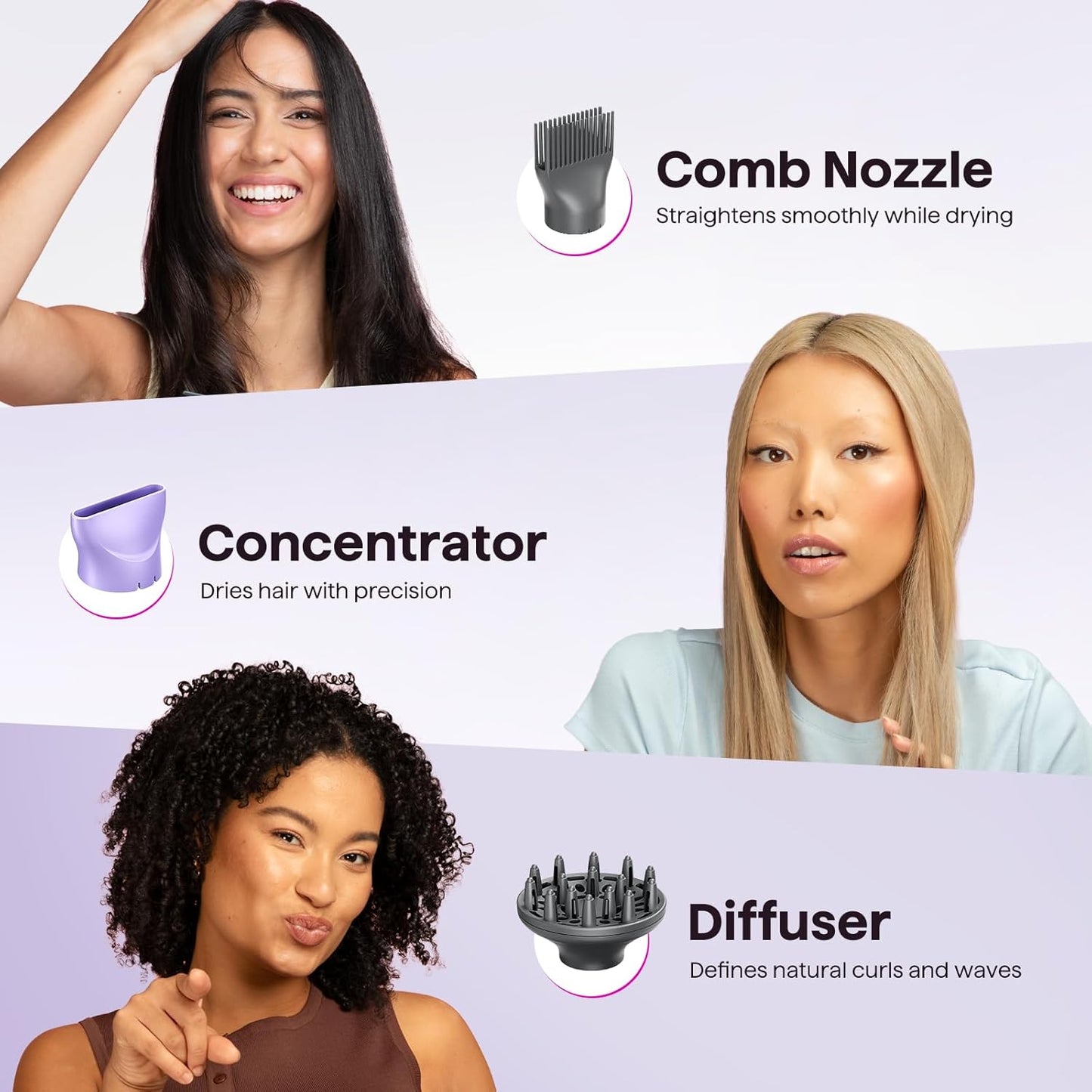 Ionic Hair Dryer for Curly Hair | 1875W Fast Drying | Diffuser & Attachments | Rose Gold
