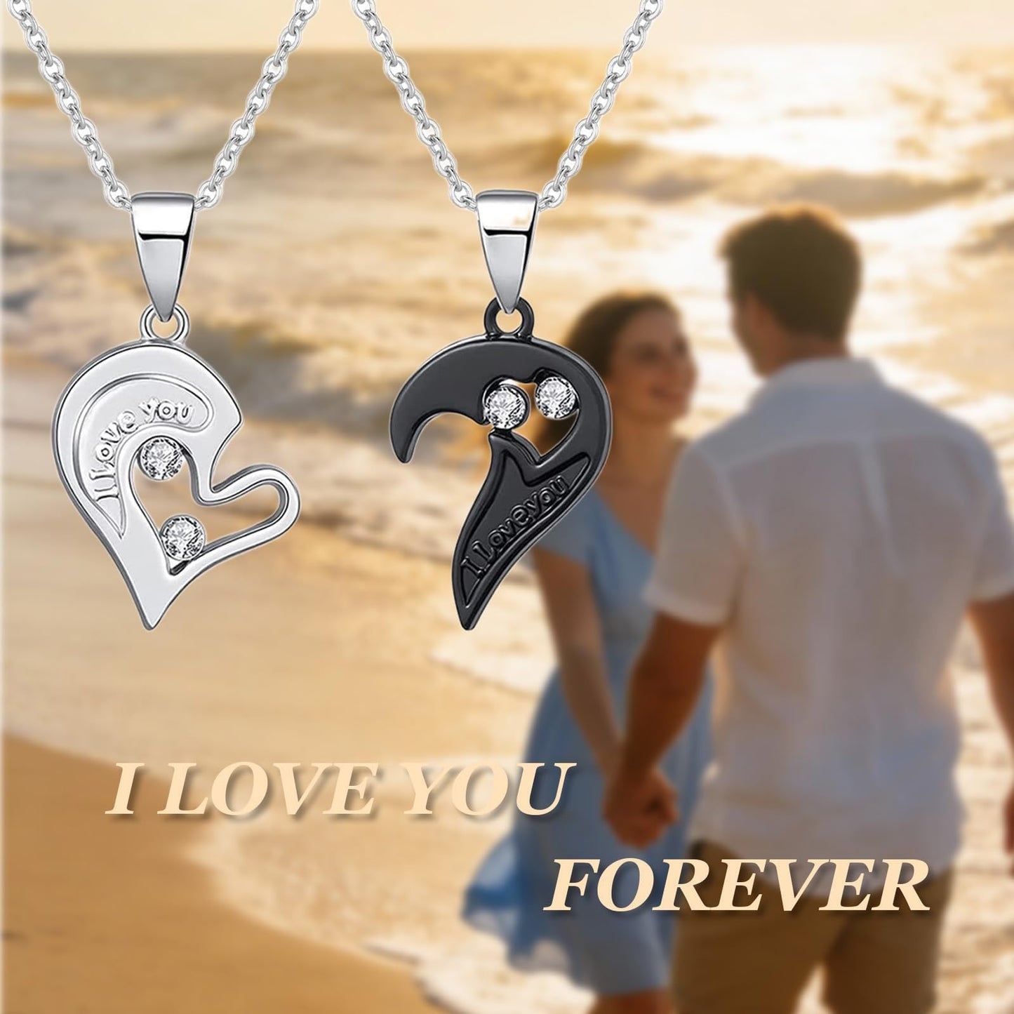 HUASAI 4Pcs Heart Necklaces Women Couples Necklace Bracelets Matching Set for Couples Jewelry Gifts Pendant Matching Necklace Valentines Day Gifts for Her Girlfriend Valentines Accessories