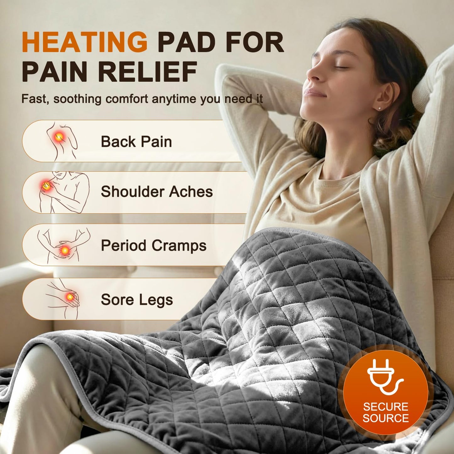 Electric Heating Pad for Period Cramps - 35"x20" XL Large Heated Pads for Back, Neck, Shoulder & Legs Pain Relief, Moist Heat Option, Machine Washable, 6 Heat Settings, Auto Shut Off, Soft Velvet