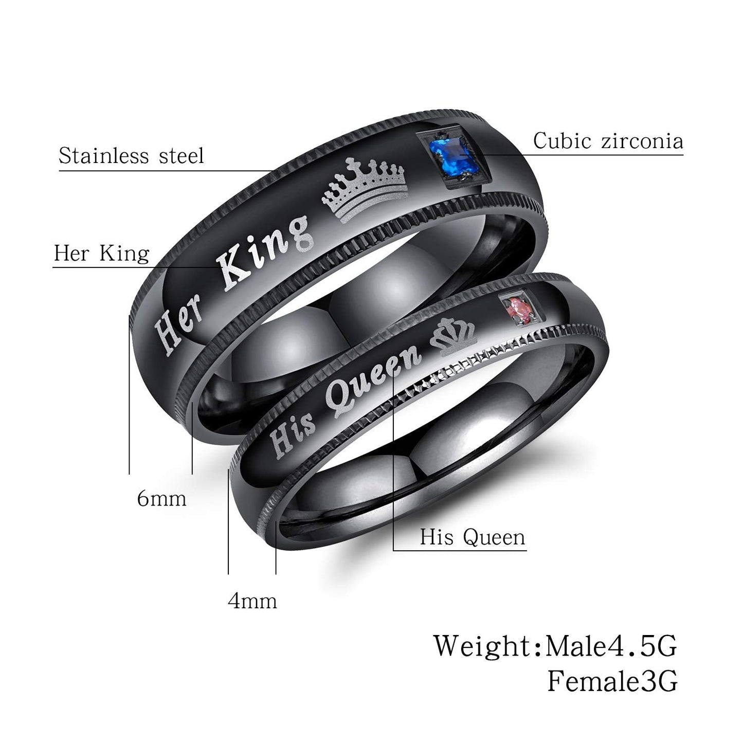 2Pcs Black Stainless Steel His Queen & Her King Couples Rings Set Wedding Engagement Band (Male Size 9 & Female Size 5)