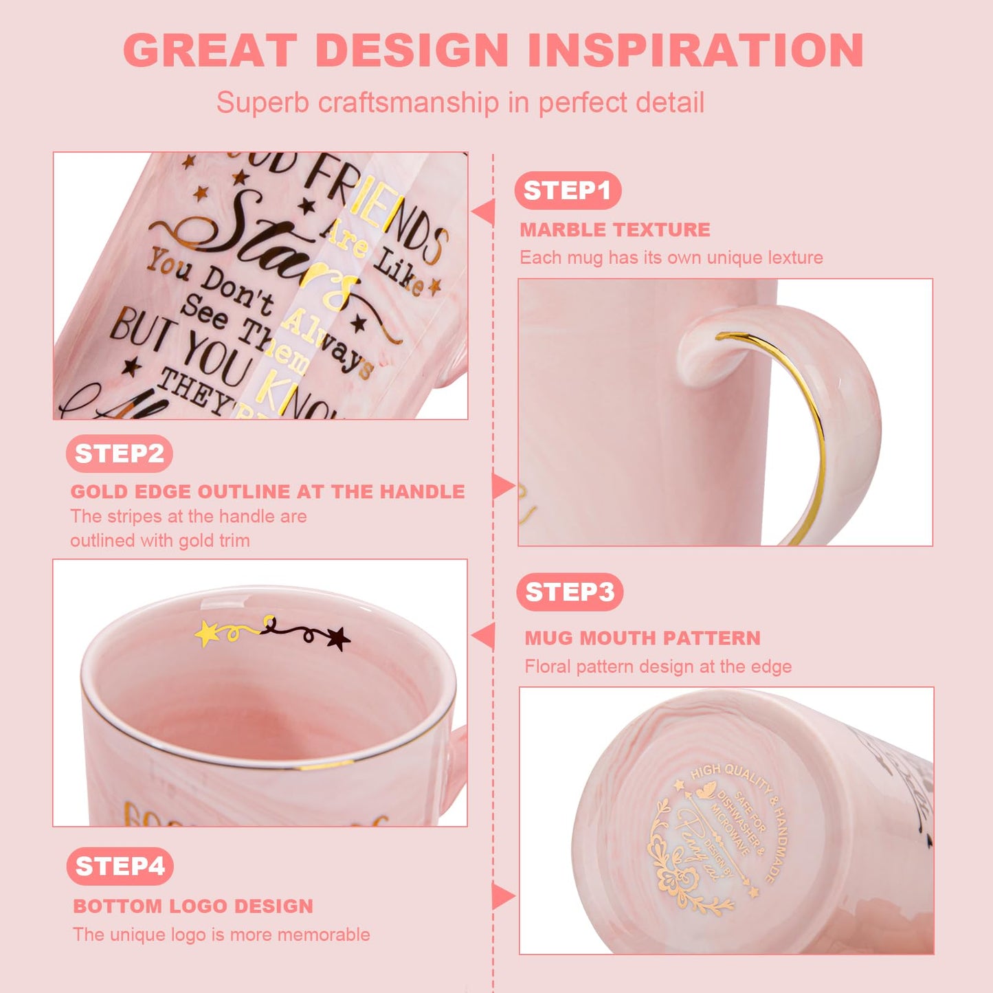 Best Friend Birthday Gifts for Women, Friendship Gifts for Women, Unique Birthday Valentines Day Gift Ideas for Her, Friends Female, Besties, BFF Ceramic Marble Coffee Mug Gift Box Printed Gold 14 oz