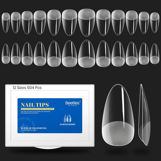 Beetles Gel Nail Tips Easy Nail Extension Etch X Nail Tips 12 Sizes 504Pcs Short Almond Half Matte Nail Tips Gelly Tips Full Cover False Nails Gifts for Girls