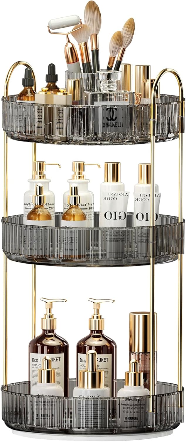360° Rotating Makeup Organizer, Large-Capacity Skincare Make Up Storage 3 Tier Perfume Organizers Cosmetic Dresser Organizer with Makeup Brush Holder, Fits Bedroom, Bathroom, Vanity Shelf Countertop