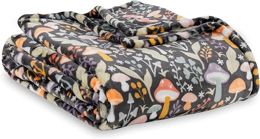 Berkshire Blanket-Classic Heavyweight Soft Printed VelvetLoft® Plush Warm Blanket, Twin Size Soft Fuzzy Blanket for Couch Sofa Bed, Mushroom Cutie Charcoal, 60in x 90in