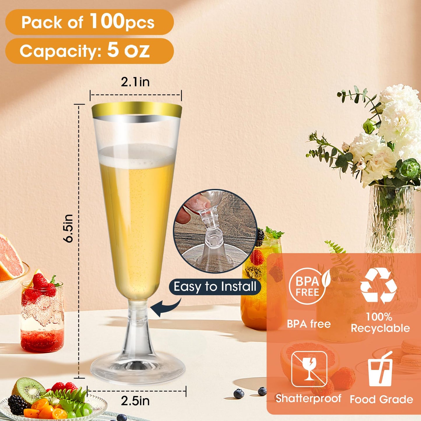 SUREHOME Pink Champagne Flutes Plastic Champagne Glasses Disposable Mimosa Glasses 40 Pack 5 Oz Acrylic Stemware Cocktail Cups Bulk for Valentines Wedding Toasting Engagement Party Supplies