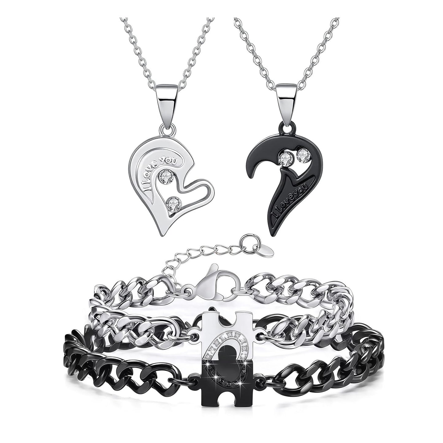 HUASAI 4Pcs Heart Necklaces Women Couples Necklace Bracelets Matching Set for Couples Jewelry Gifts Pendant Matching Necklace Valentines Day Gifts for Her Girlfriend Valentines Accessories