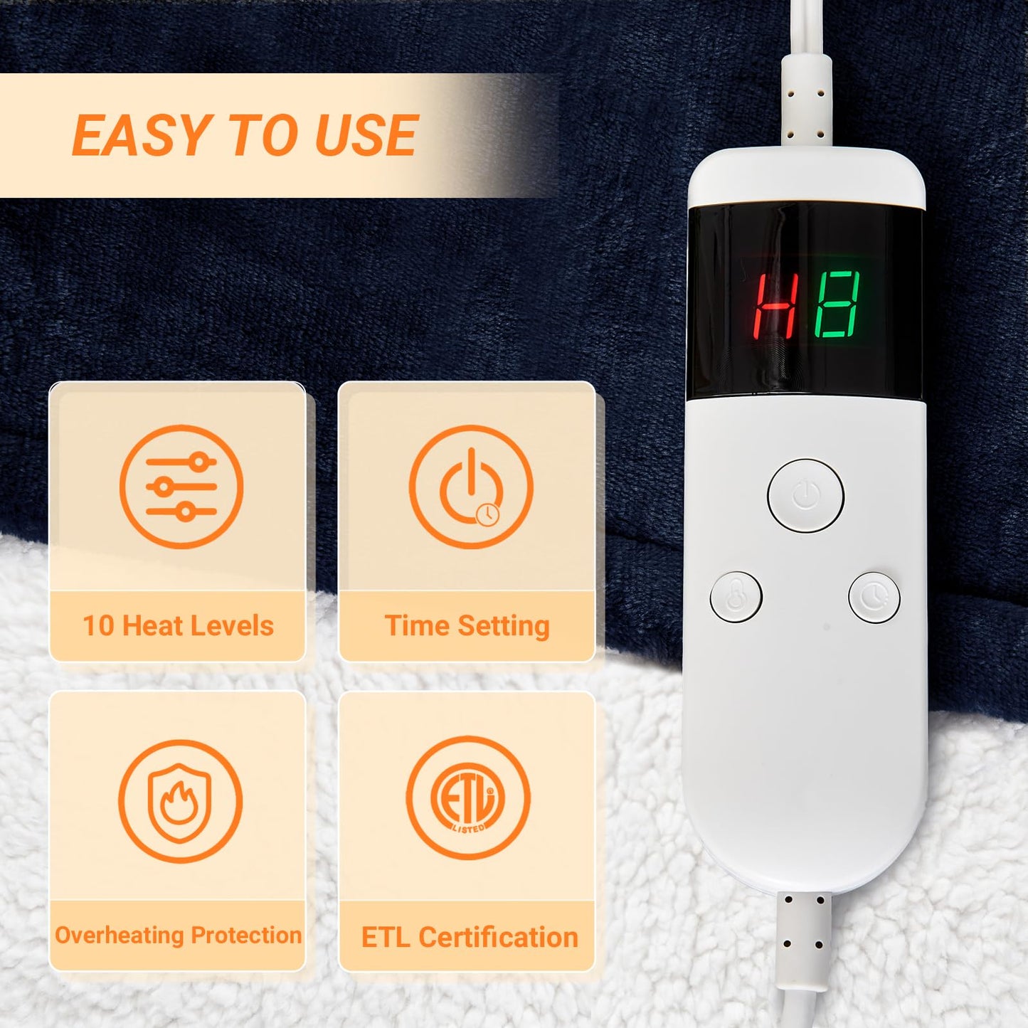 Electric Blanket Heated Throw, Soft Flannel Heating Blanket with 8 Hours Auto Off 10 Fast Heating Levels Machine Washable Sherpa Heated Blanket with Overheating Protection