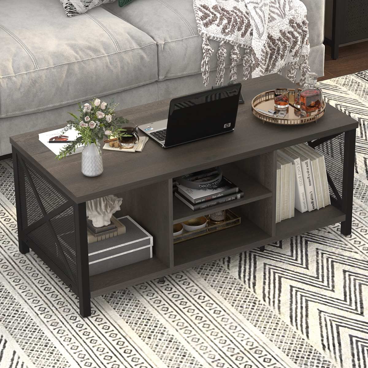 FATORRI Rustic Coffee Table for Living Room, Farmhouse Dark Wood Center Table, Industrial Rectangle Cocktail Tea Tables (Walnut Brown)