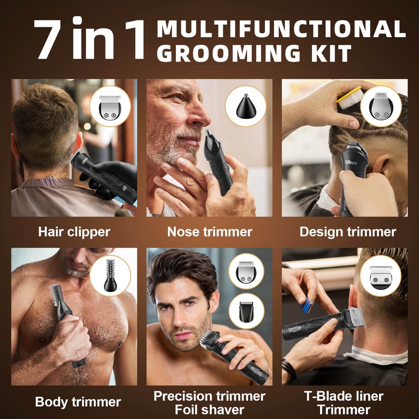 Ufree Beard Trimmer for Men, Electric Razor Shaver, Cordless Hair Clipper Shaving Kit for Mustache Body Nose Ear Hair Facial, Adjustable Beard Grooming Kit Birthday Gifts for Men
