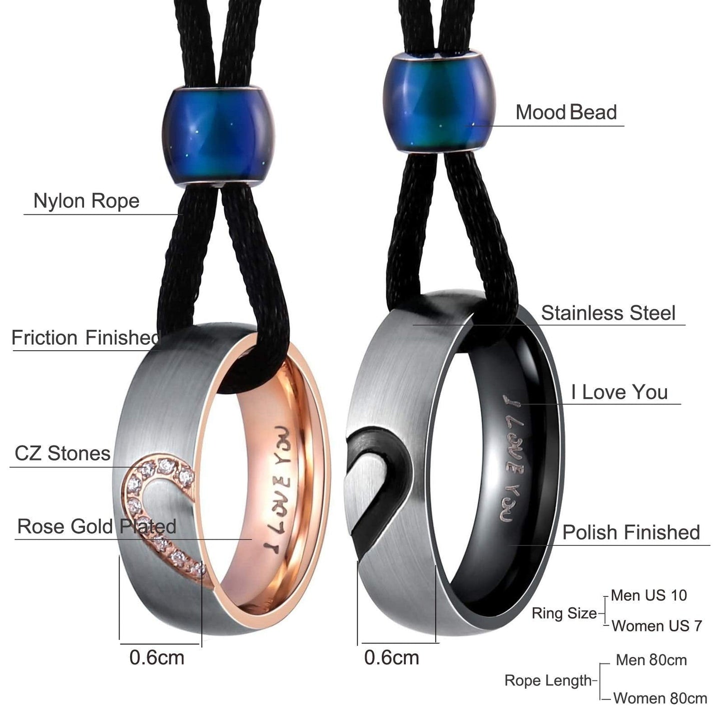 Aienid Couples Necklace for Him and Her Stainless Steel Ring Pendant Love Heart Bf and Gf Necklace for Men Women