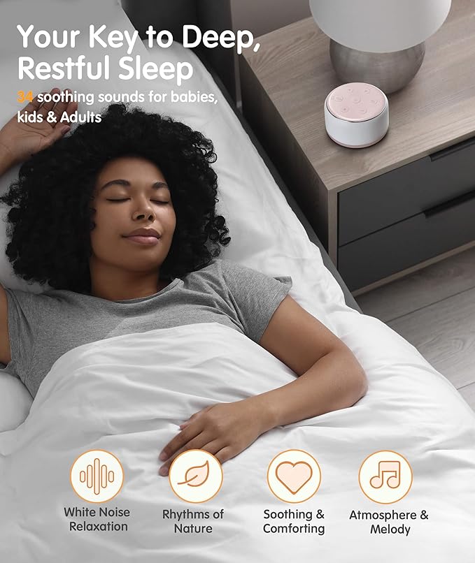 FamiSym Portable Sound Machine for Babies Kids Sleeping – Rechargeable, 7 Colors Night Light, 34 Soothing Sounds, Baby Sleep Soother, Lullaby White Noise Machine, Shush, Baby Shower, Registry Gift