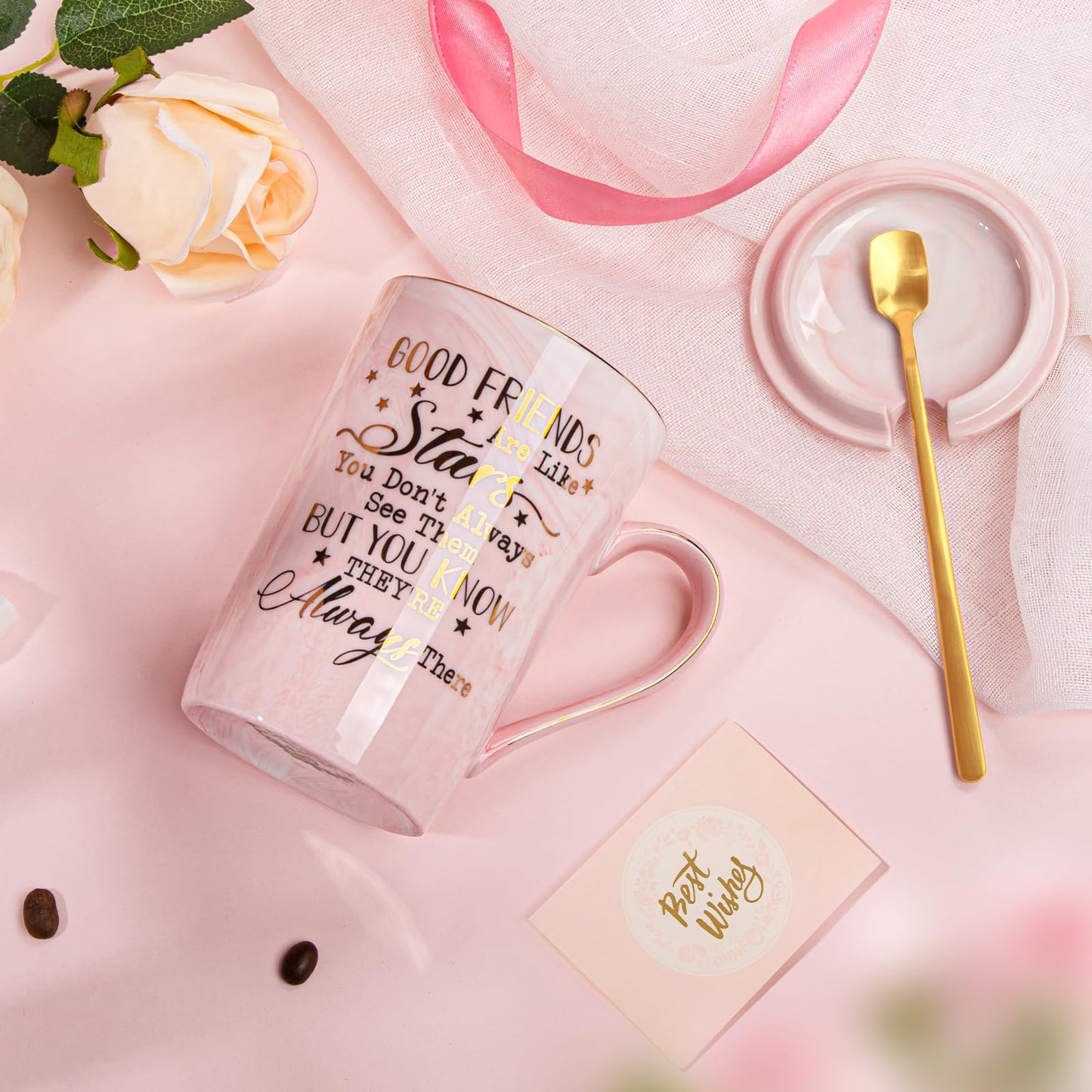Best Friend Birthday Gifts for Women, Friendship Gifts for Women, Unique Birthday Valentines Day Gift Ideas for Her, Friends Female, Besties, BFF Ceramic Marble Coffee Mug Gift Box Printed Gold 14 oz