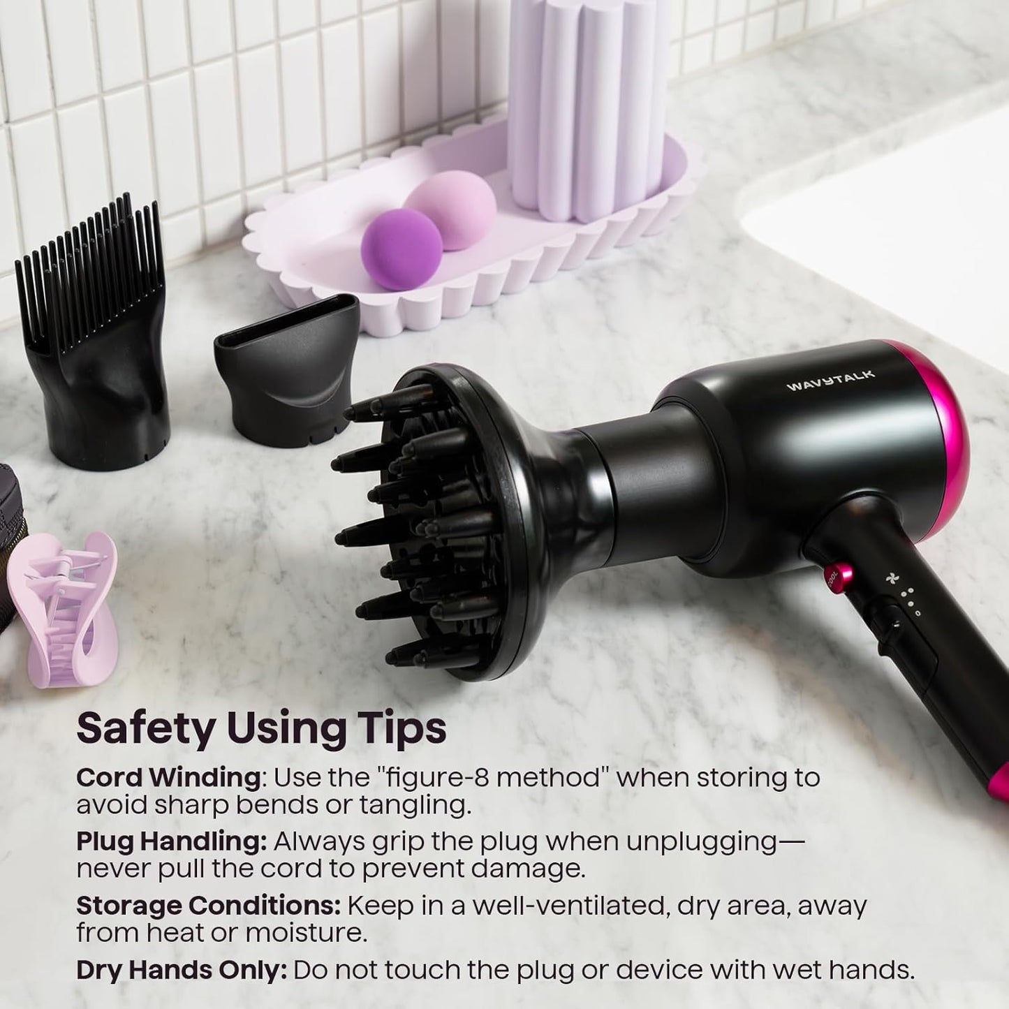 Wavytalk 1875W Ionic Hair Dryer | Diffuser & Comb for Curly Hair | Black