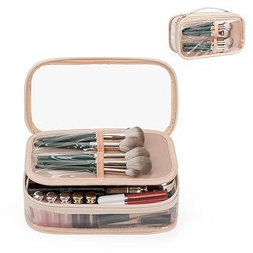 OCHEAL Clear Makeup Bag, Portable Storage Organizer Cosmetic Travel Bag Cute Pouch For Women and Girls Cosmetics Bags with Divider Brush Compartment-Rose Gold