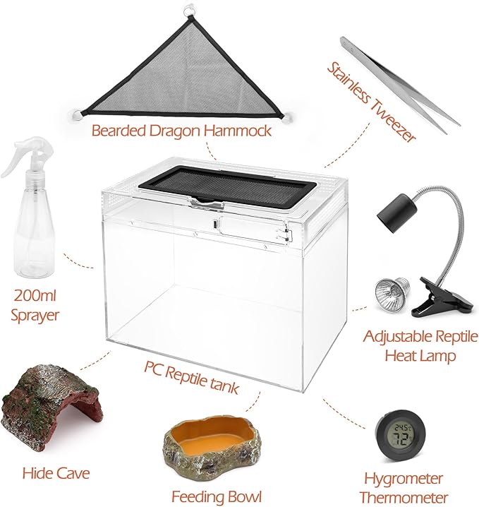 AZV Reptile Terrarium,Reptile Tank 15x8x10in Amphibian Isopod Tank Starter Kit with Bearded Dragon Hammock,Heat Lamp,Hide Cave for Geckos Lizard Mantis Spider Cricket Chameleons Corn Snake Turtle Frog